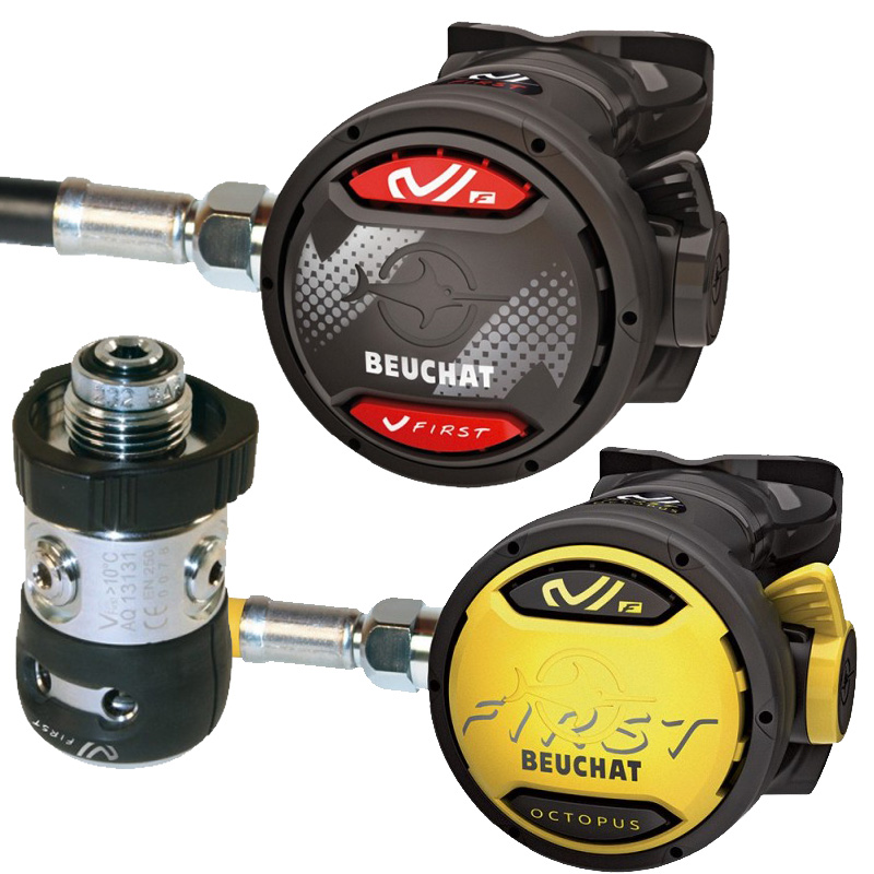 SET REGULATOR V-FIRST DIN (Treapta I + Treapta II + Octopus V-FIRST) | Echipament Scufundari | Regulatoare